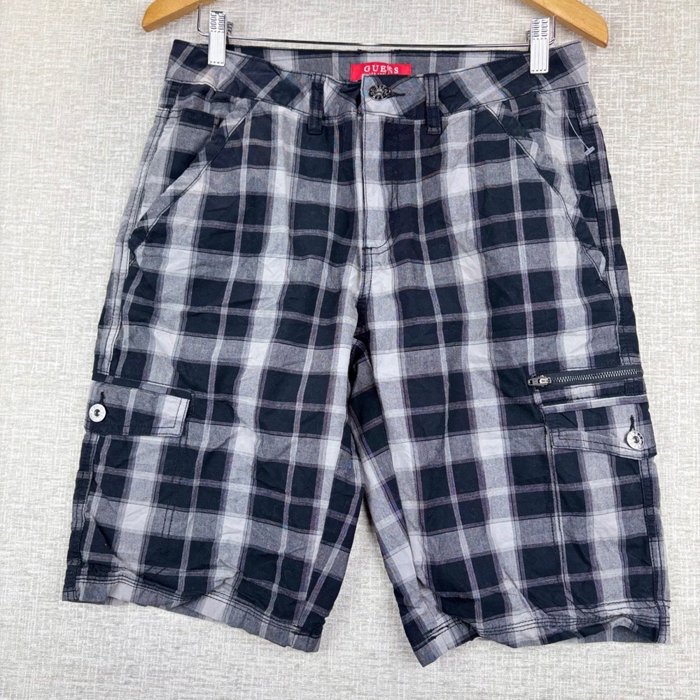 Guess Los Angeles Mens Plaid Cargo Shorts Black White Y2K Size 30